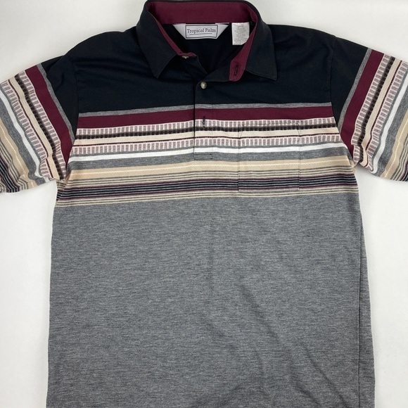 Tropical Palm Polo Mens Large Gray Black Striped - Picture 1 of 8